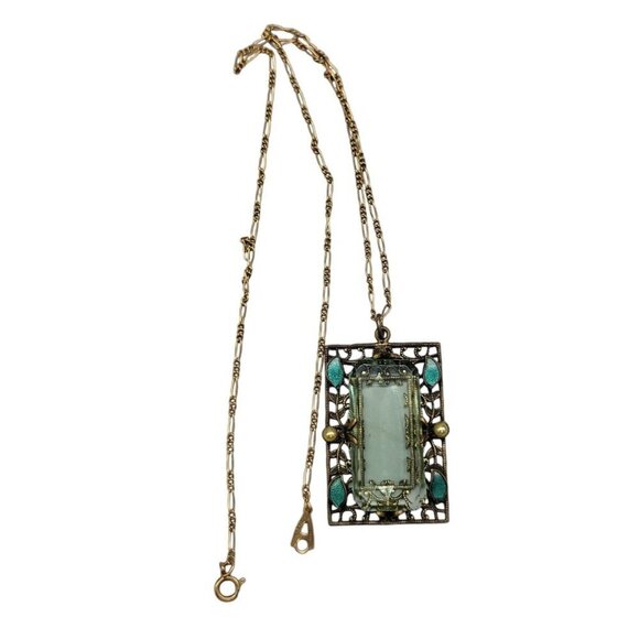 Artistry Green Glass Filigree Framed Pendant Necklace Enamel & Faux Pearl Accent - Picture 1 of 16